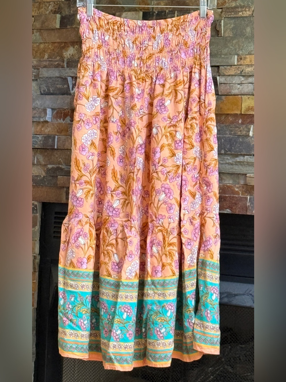 Smocked Waist Floral Maxi/Midi Skirt in Peach and Teal.  Women’s Size M